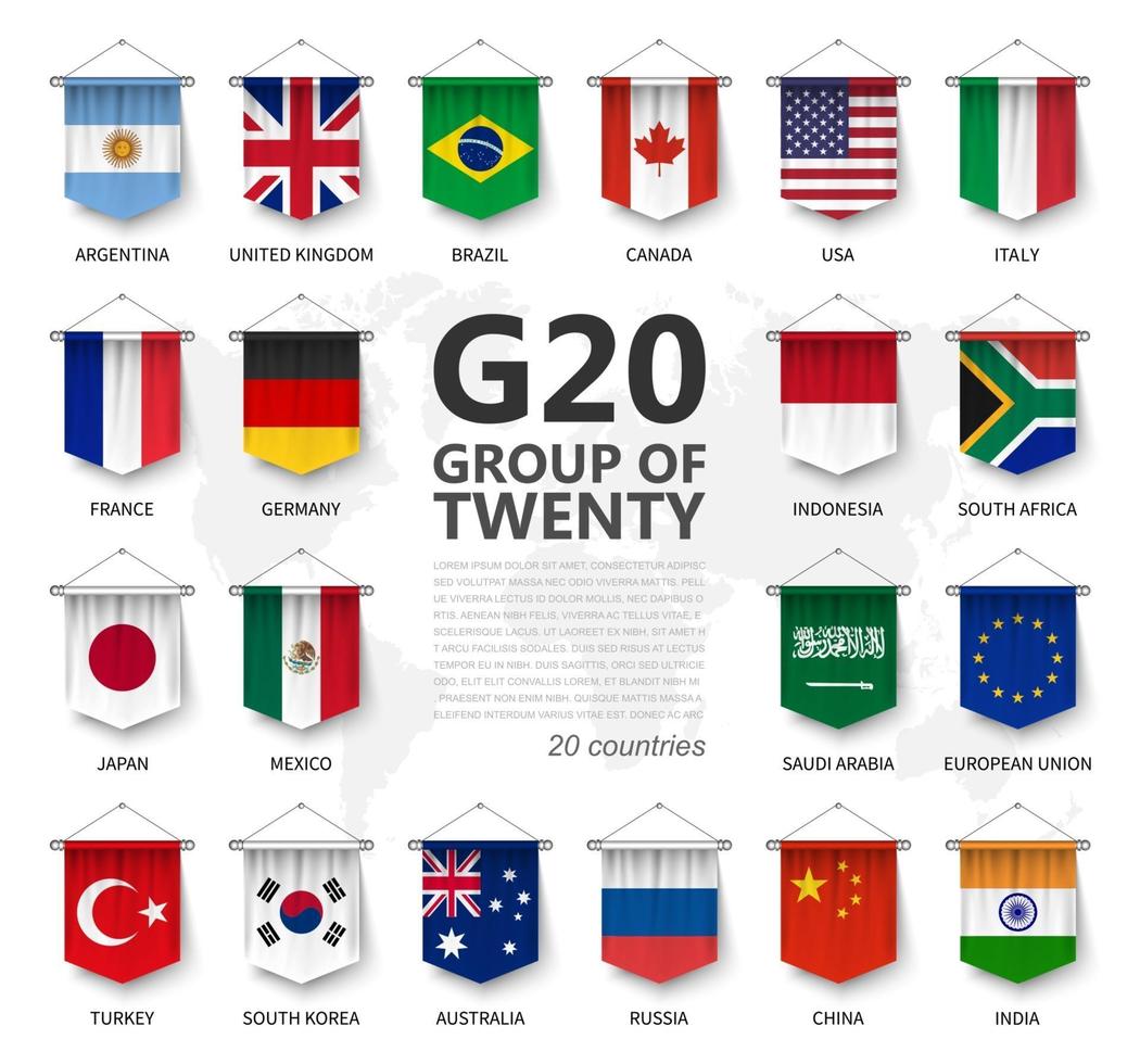 g20 . groep van twintig landen en lidmaatschapsvlag. internationale vereniging van economische en financiële overheden. 3D-realistisch wimpel hangend elementontwerp. witte geïsoleerde achtergrond. vector