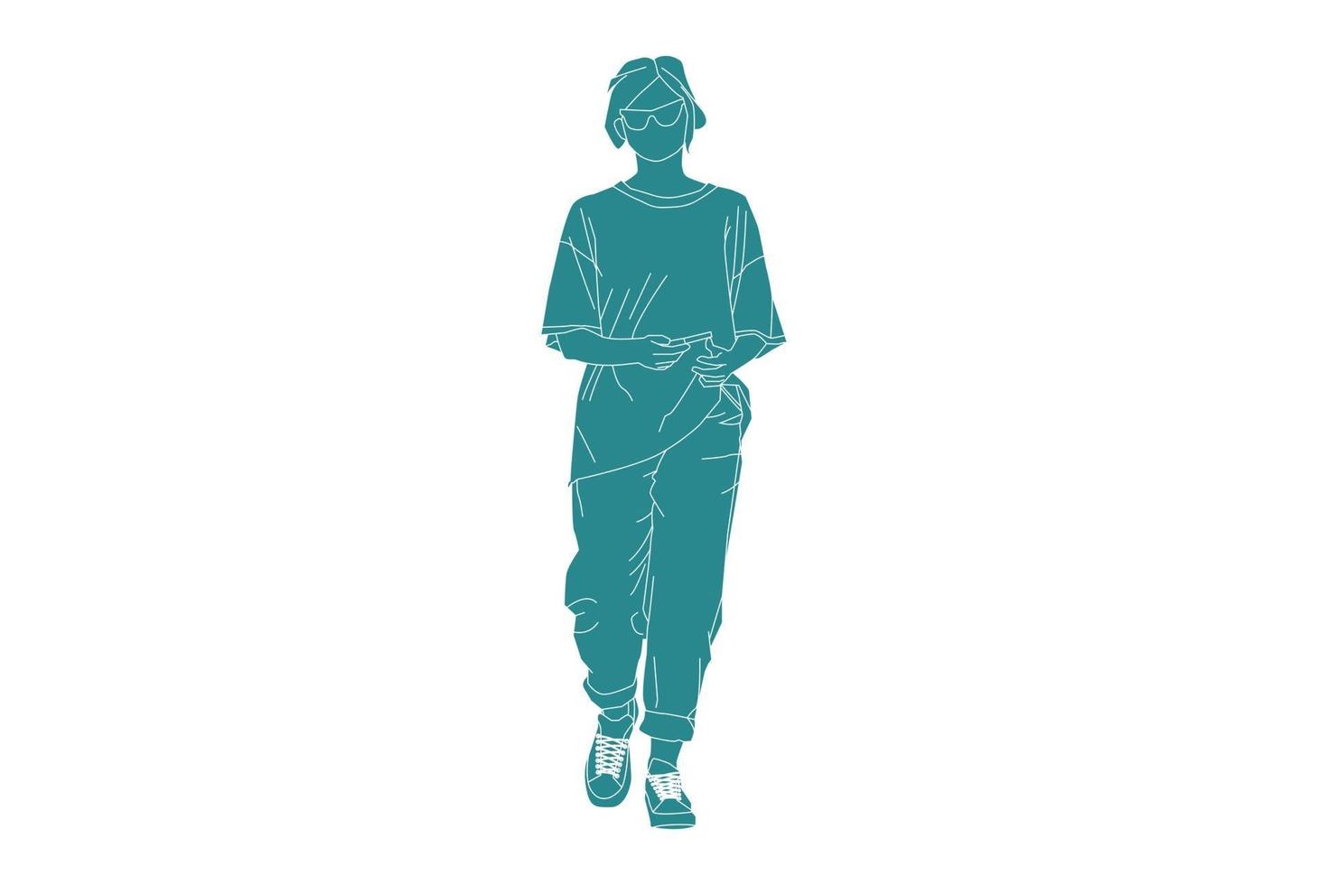 vectorillustratie van casual vrouw lopen op de zijweg, vlakke stijl met outline vector