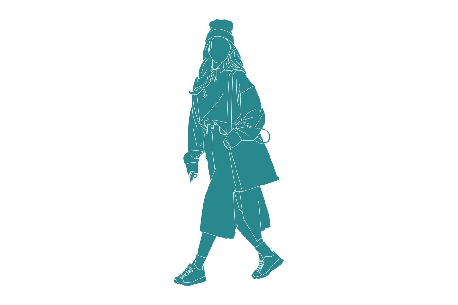 vectorillustratie van modieuze vrouw die op de zijweg loopt, vlakke stijl met outline vector
