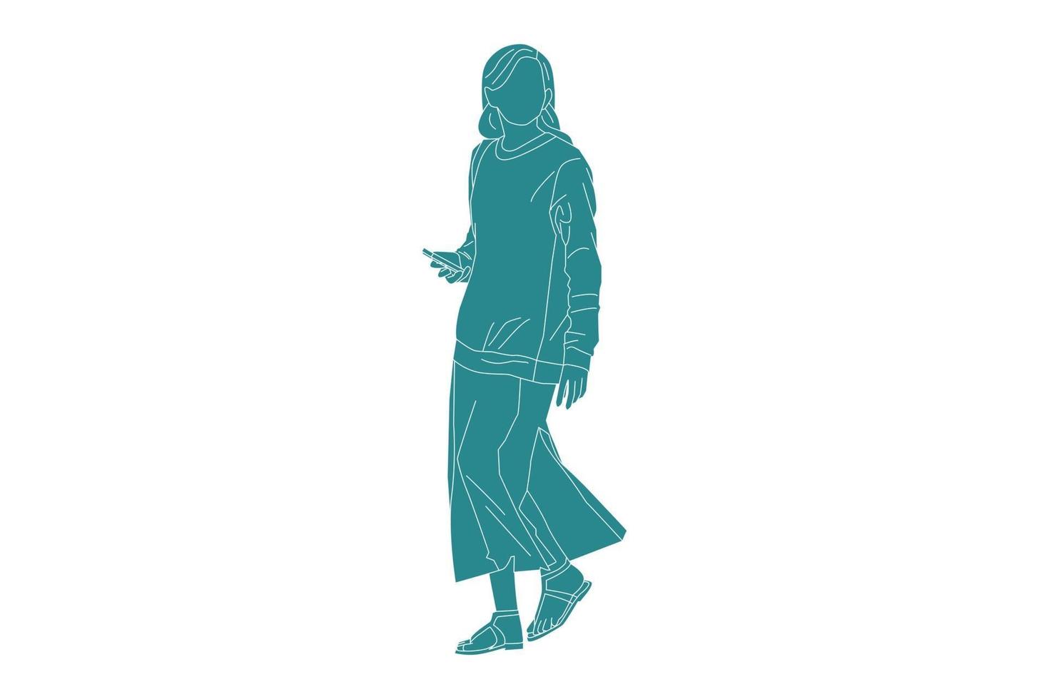 vectorillustratie een elegante vrouw houdt haar mobiel vast, vlakke stijl met omtrek vector