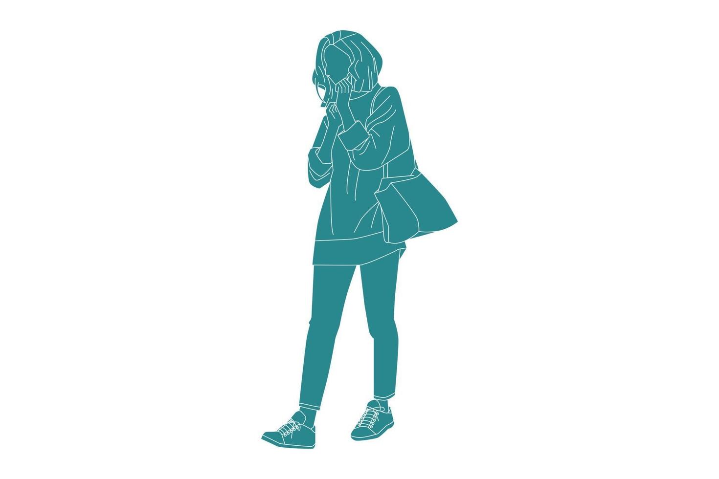 vectorillustratie van casual vrouw lopen op de zijweg, vlakke stijl met outline vector