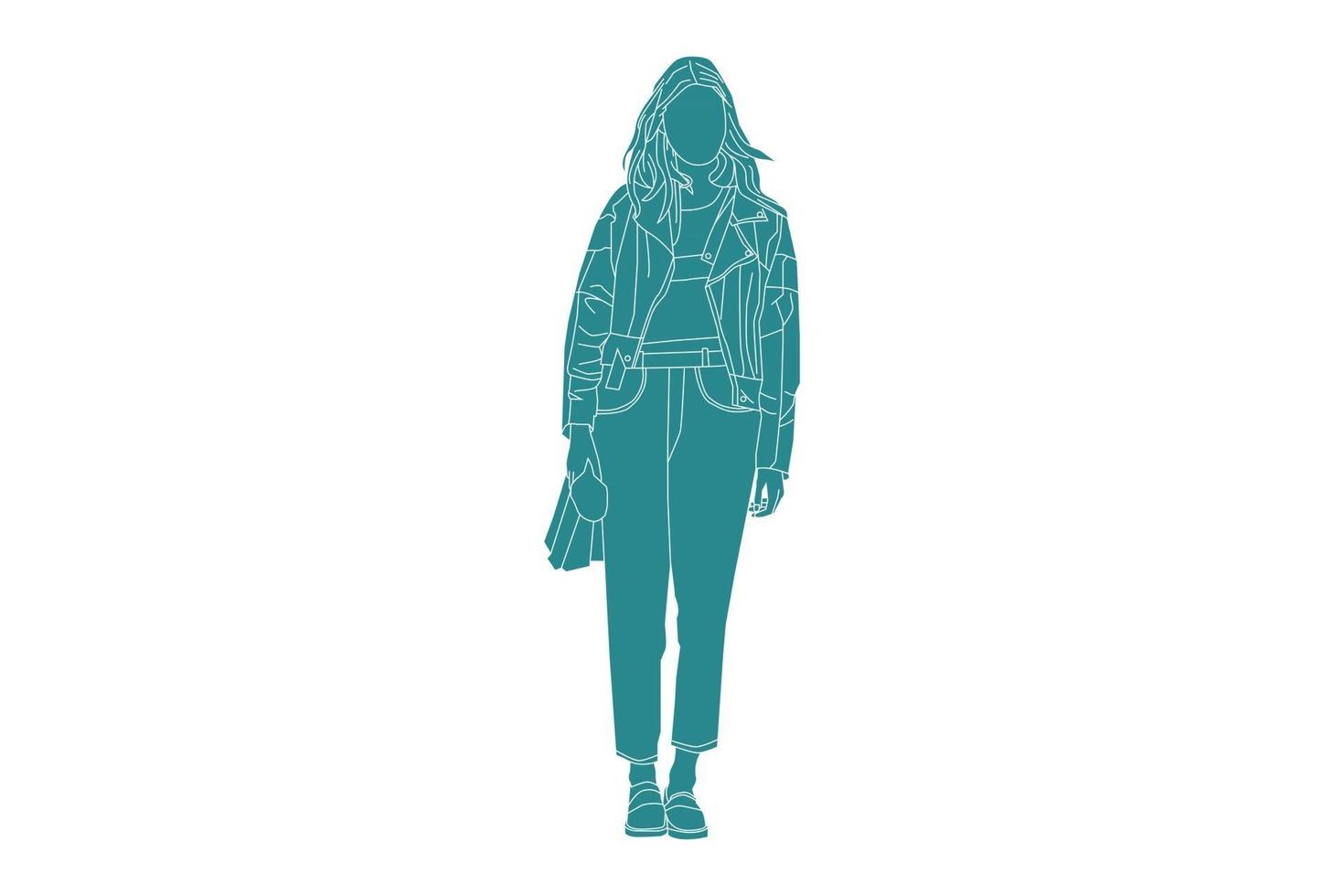 vectorillustratie van modieuze vrouw op de zijweg, vlakke stijl met outline vector