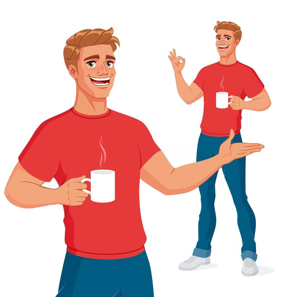 Glimlachende man met warme drank presenteren en tonen van ok vectorillustratie vector