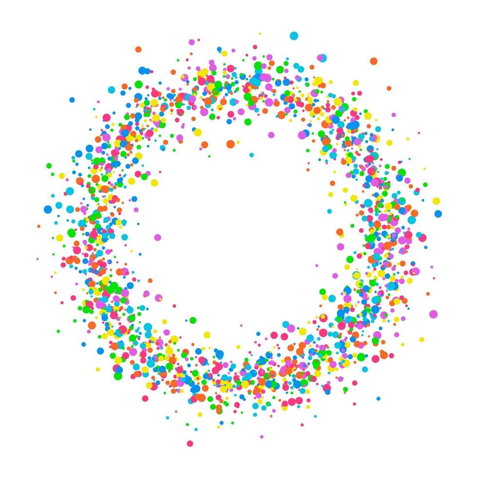 rond gekleurd frame of rand van willekeurige spreiding van een scheutje gekleurde cirkels van confetti ontwerpelement voor een feestelijke banner, verjaardagskaart en ansichtkaart, huwelijksuitnodiging. vector illustratie
