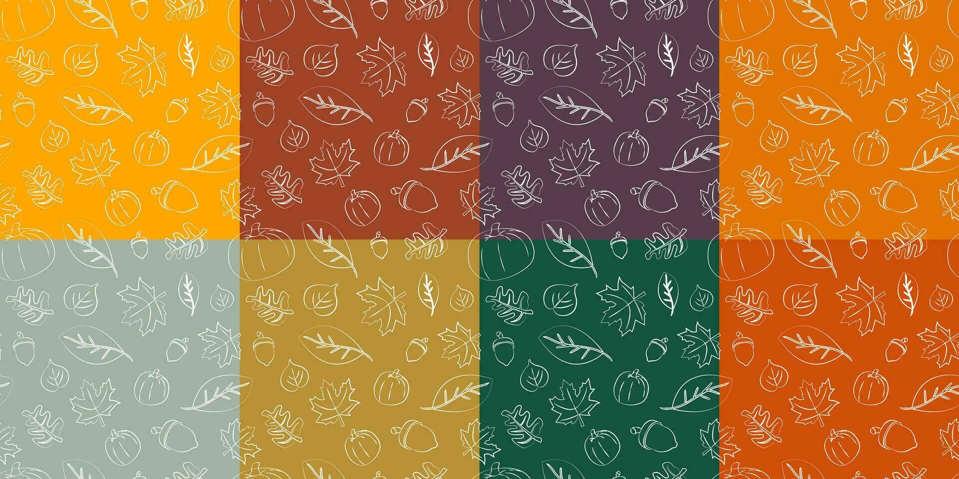 reeks van 8 herfst hand getekend patronen Aan geassorteerd vallen kleuren. wit hand getekend herfst bladeren, esdoorn- bladeren, eikel, pompoen. vallen patroon vector illustraties. herhaalbaar en naadloos.