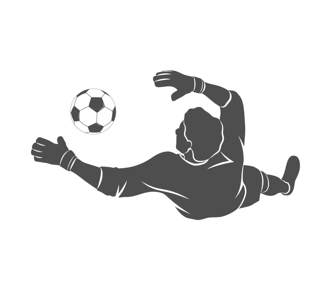 silhouet voetbal keeper springt voor de bal voetbal op een witte achtergrond. vectorillustratie. vector