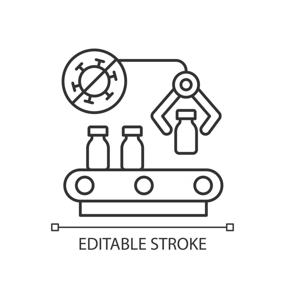 vaccin fabrikant lineaire pictogram. farmaceutische productie. geautomatiseerde medicatiedistributie. dunne lijn aanpasbare illustratie. contour symbool. vector geïsoleerde overzichtstekening. bewerkbare streek