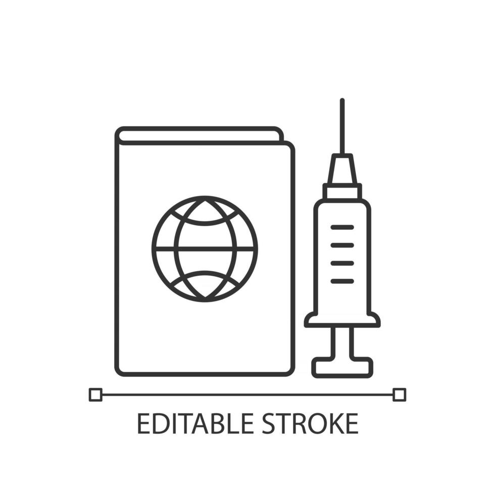 vaccin paspoort lineaire pictogram. reizigerspas, toeristenkaart. gevaccineerde passagiersvergunning. dunne lijn aanpasbare illustratie. contour symbool. vector geïsoleerde overzichtstekening. bewerkbare streek