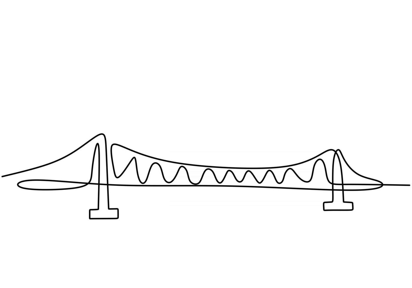 gigantische brug over de rivier. ononderbroken één lijn van het ontwerp van de brugtekening. eenvoudige moderne minimalistische stijl geïsoleerd op een witte achtergrond. vector