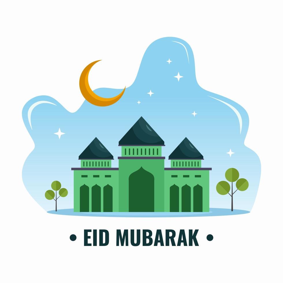 eid mubarak achtergrond met halve maan en groene moskee. eid mubarak wenskaart met platte element stijl geïsoleerd op een witte achtergrond. vector