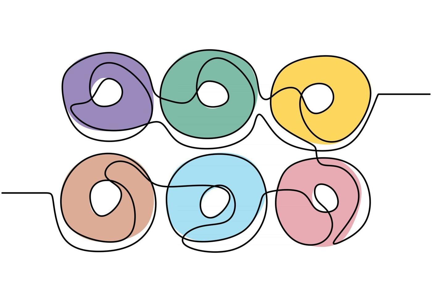 enkele ononderbroken lijn van een grote kleurrijke donuts. grote kleurrijke donuts in één lijnstijl geïsoleerd op een witte achtergrond. vector