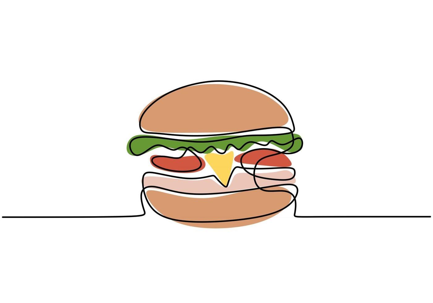 enkele ononderbroken lijn hamburger. grote hamburger fastfood in één lijnstijl geïsoleerd op een witte achtergrond. vector