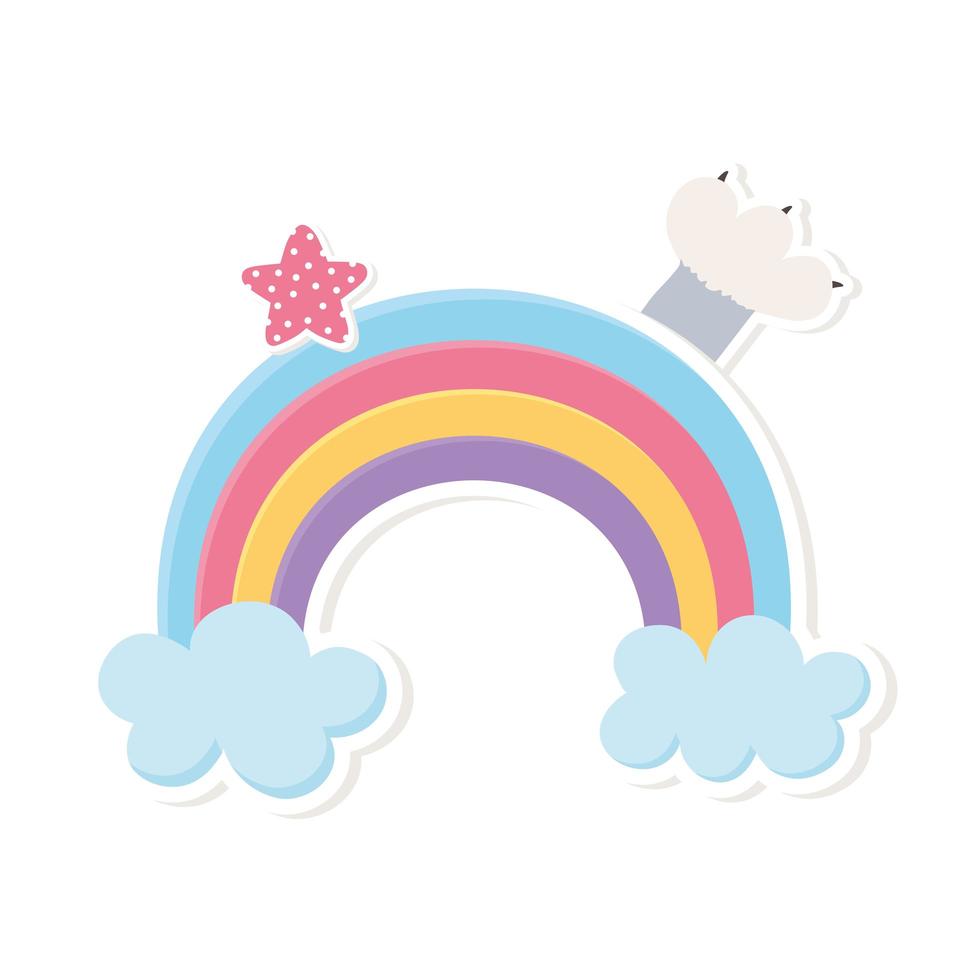 regenboog ster wolken decoratie cartoon stijl sticker witte achtergrond vector