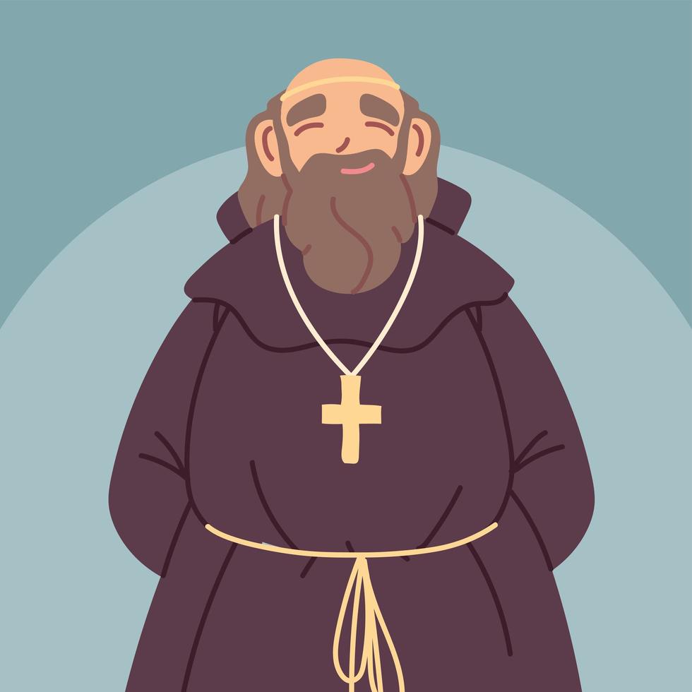 priester of monnik die een bruine toga met capuchon draagt vector