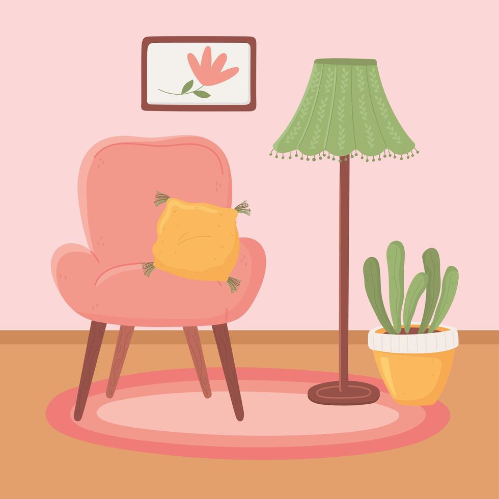 fauteuil met kussen vloerlamp en potplant, cartoon hygge-stijl vector