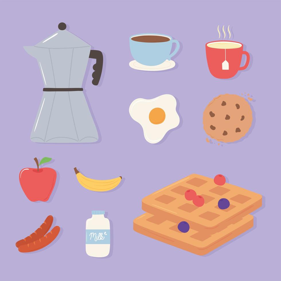 ontbijt iconen set, pot koffiekopje gebakken ei fruit en cookie vector