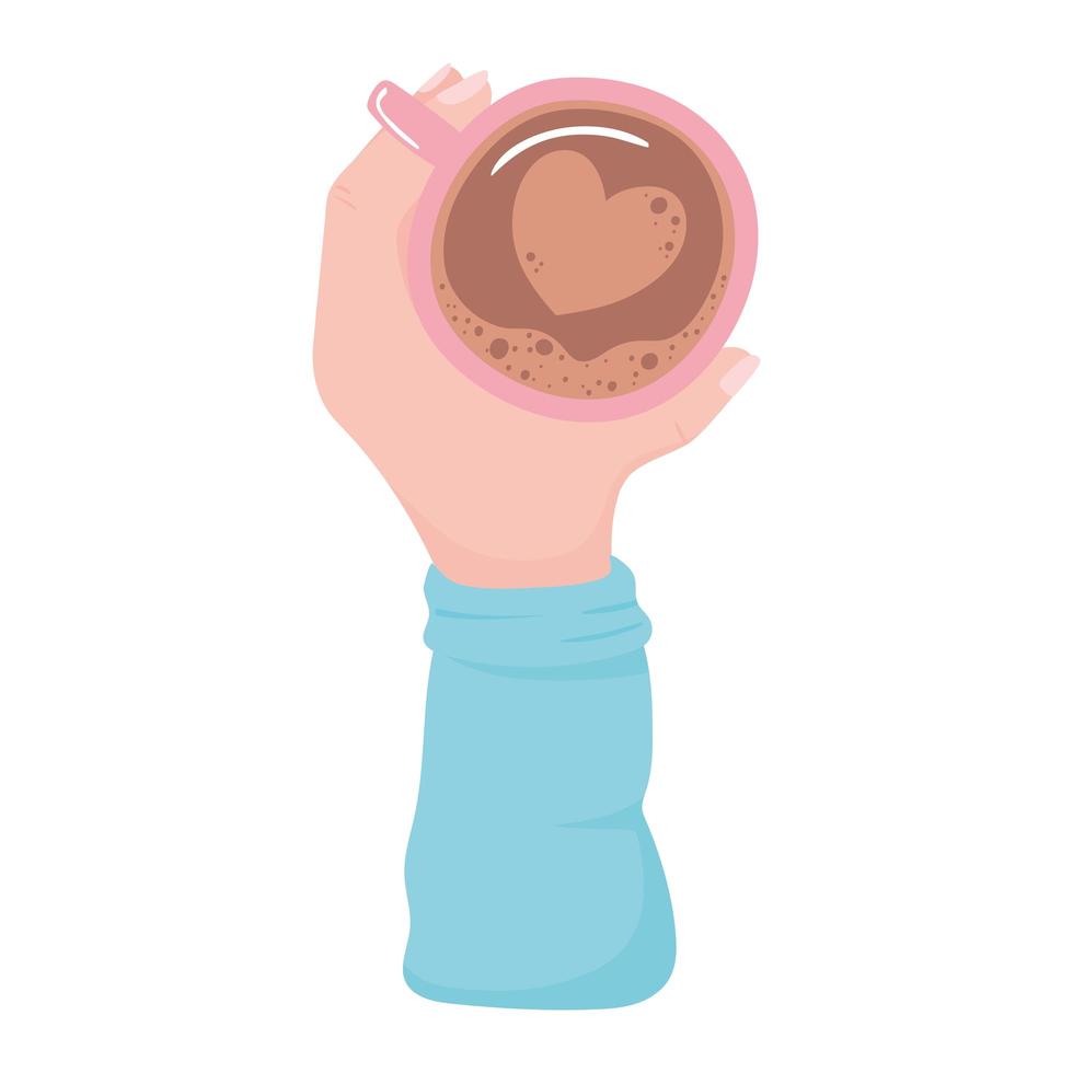 vrouwelijke hand met koffiekopje met hart bovenaanzicht, verse warme drank vector
