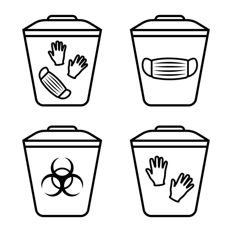 verwijdering van biologisch gevaarlijk afval. bak, met het symbool van besmettelijk afval. vuilnis sorteren vector pictogram. vuilnisbak met biohazard medische handschoenen en maskersymbool. bewerkbare streek. schets. vector