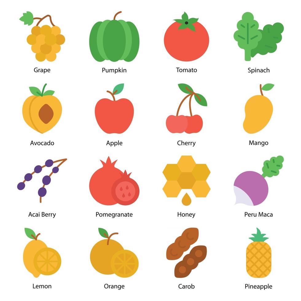 groenten en fruit plat pictogrammen set vector