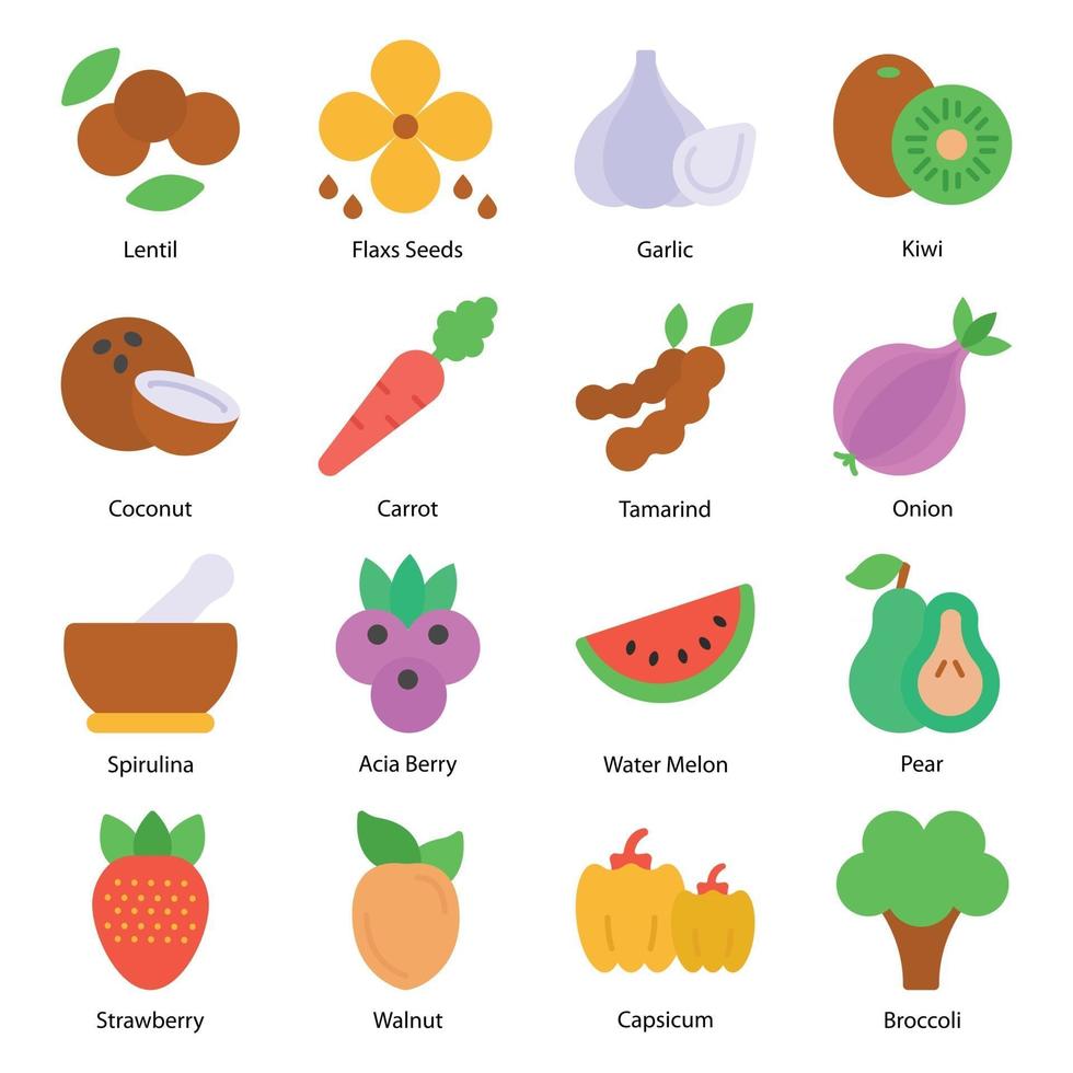 groenten en fruit plat pictogrammen set vector