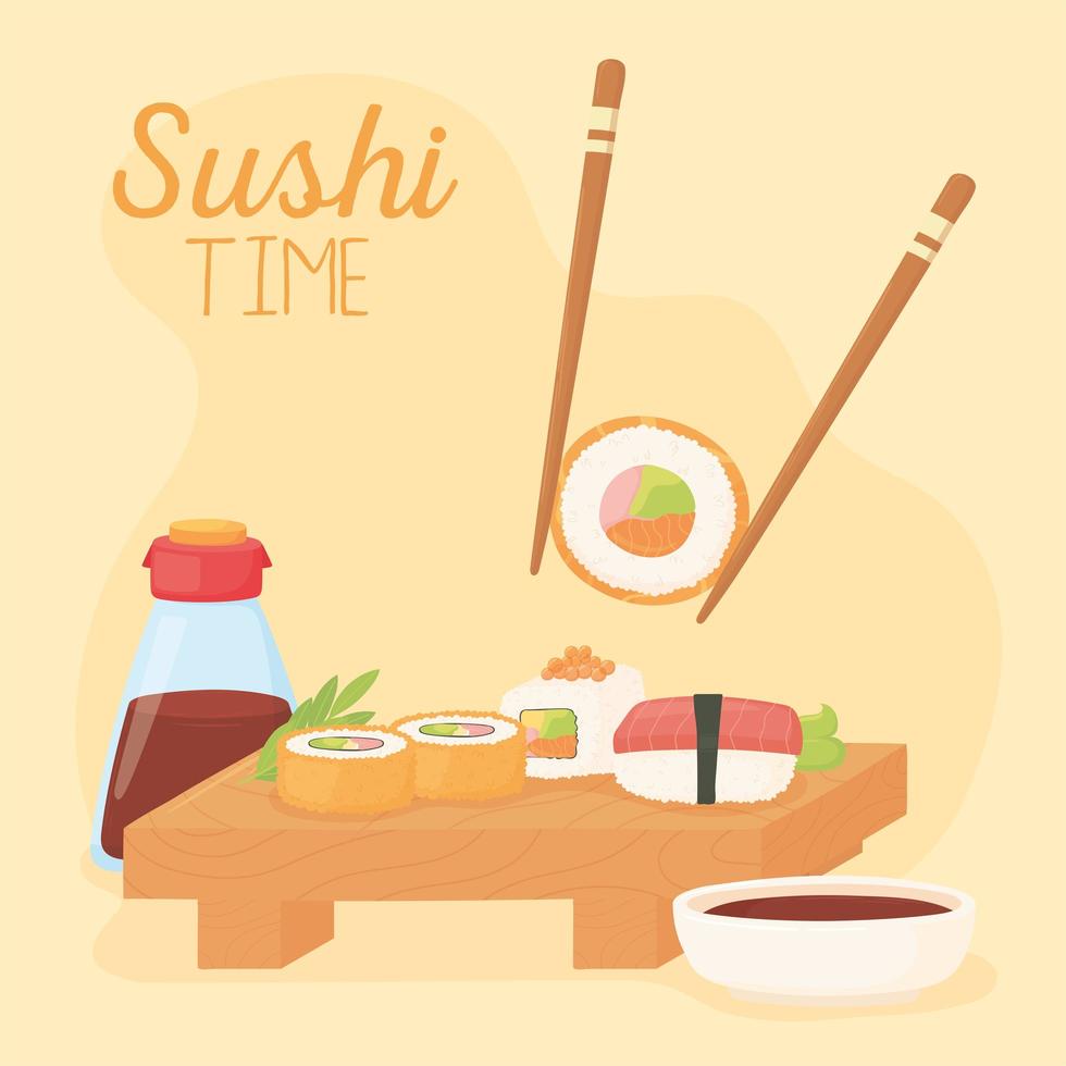 sushi time, chopstick met roll saus soja en diverse rolls vector
