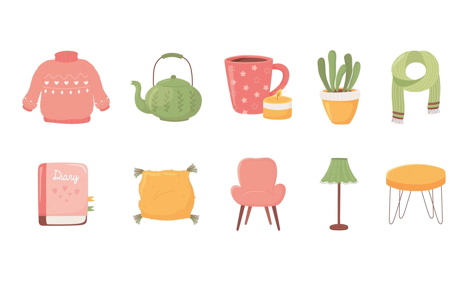 trui theepot koffiekopje plant sjaal boek stoel lamp tafel iconen collecyion cartoon hygge stijl vector