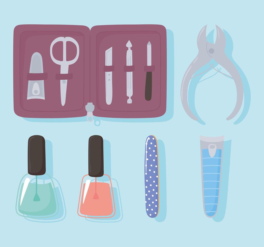 manicure en pedicure koffer met gereedschap vijl en nagelknipper schaar nagellak set pictogrammen vector