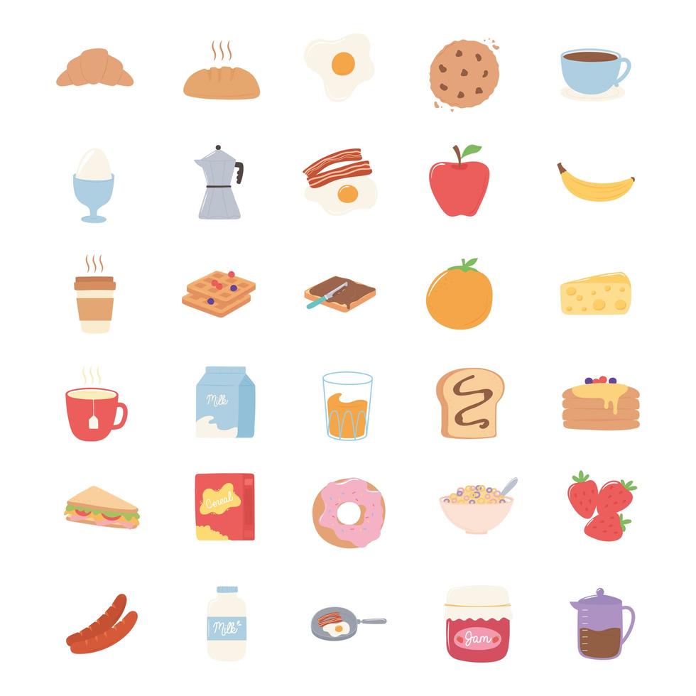 ontbijt iconen set, croissant brood sap fruit sandwich melk pannenkoeken vector