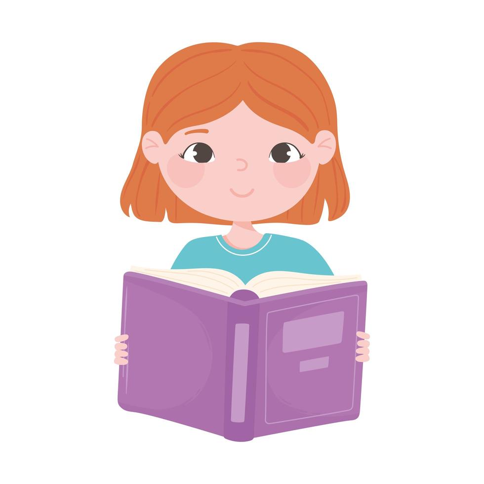 schattig meisje houdt open boek cartoon pictogram witte achtergrond vector