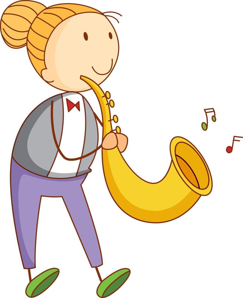 een doodle jongen spelen saxofoon stripfiguur geïsoleerd vector