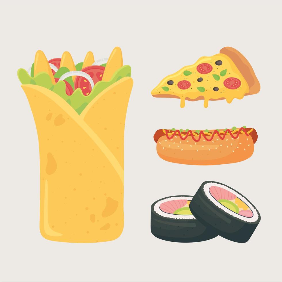 fast food, burrito sishi hotdog en pizza iconen vector