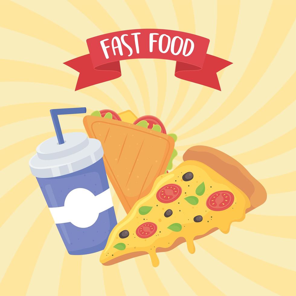 fast food, sandwich pizza en frisdrank met stro poster vector