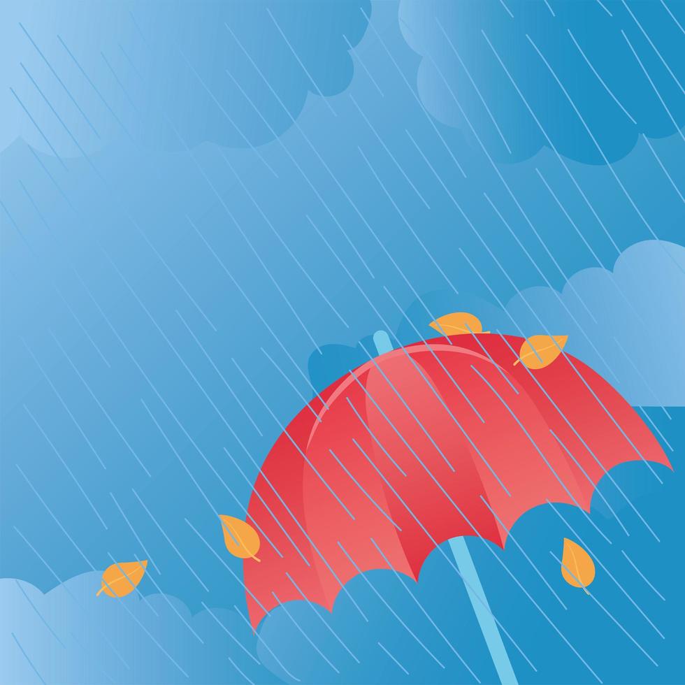 weer regenachtige wind paraplu en bladeren blauwe achtergrond vector