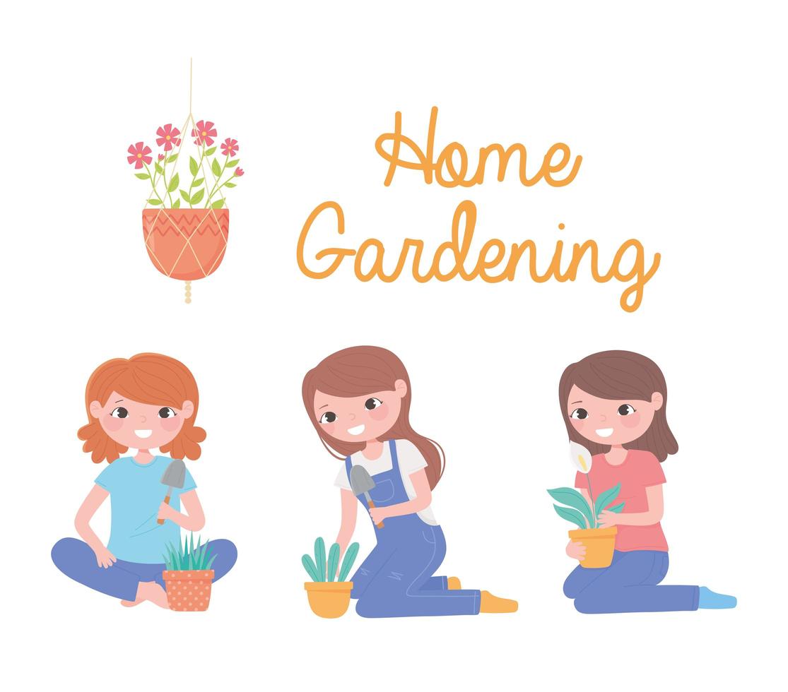 tuinieren, set meisjes met planten in pot en schop vector