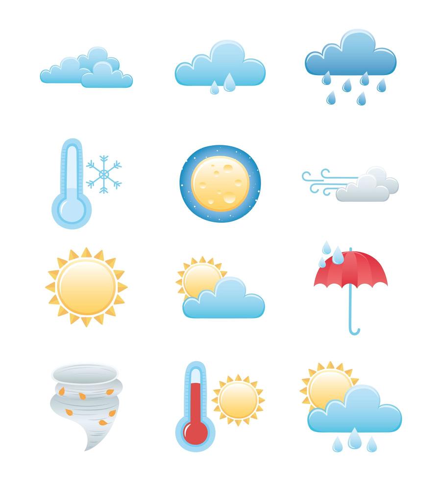 weerpictogrammen ingesteld, regenachtige winter zomerzon nacht maan wolk zon warm en koud vector