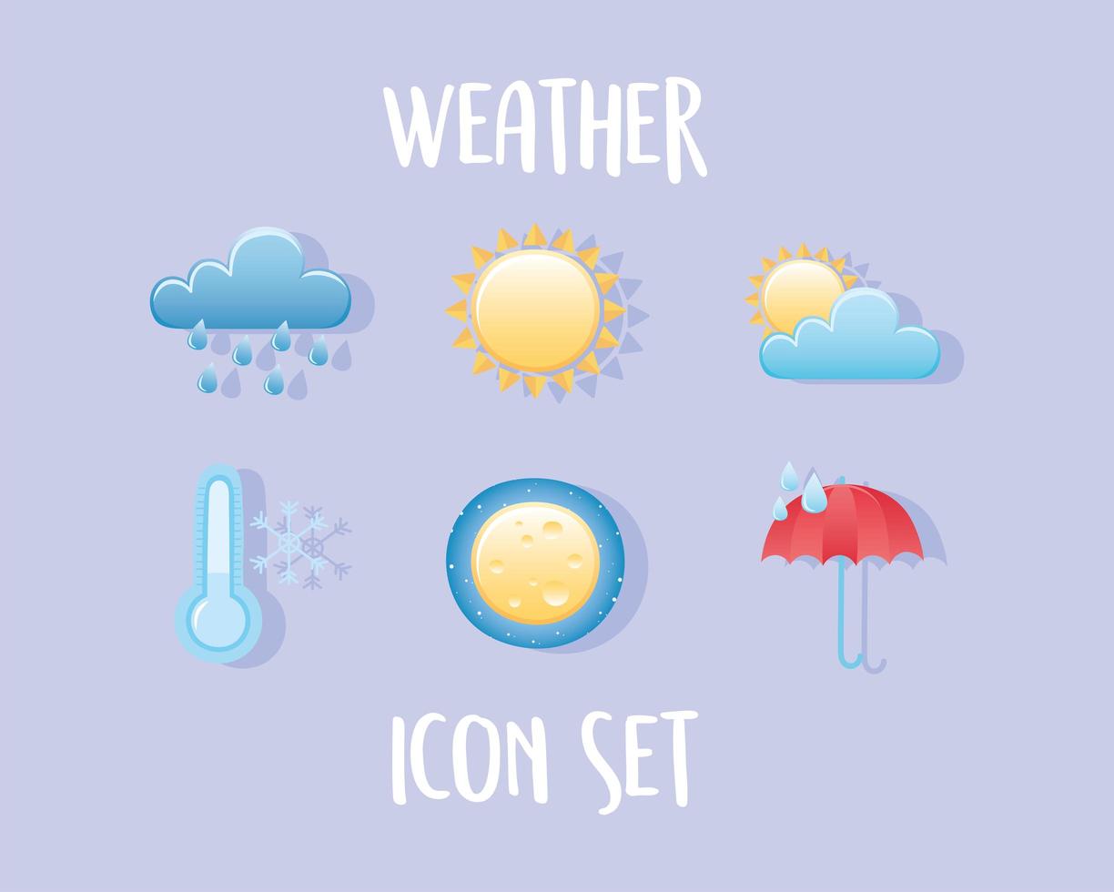 weerpictogrammen instellen wolk regen zon koude paraplu nacht maan vector