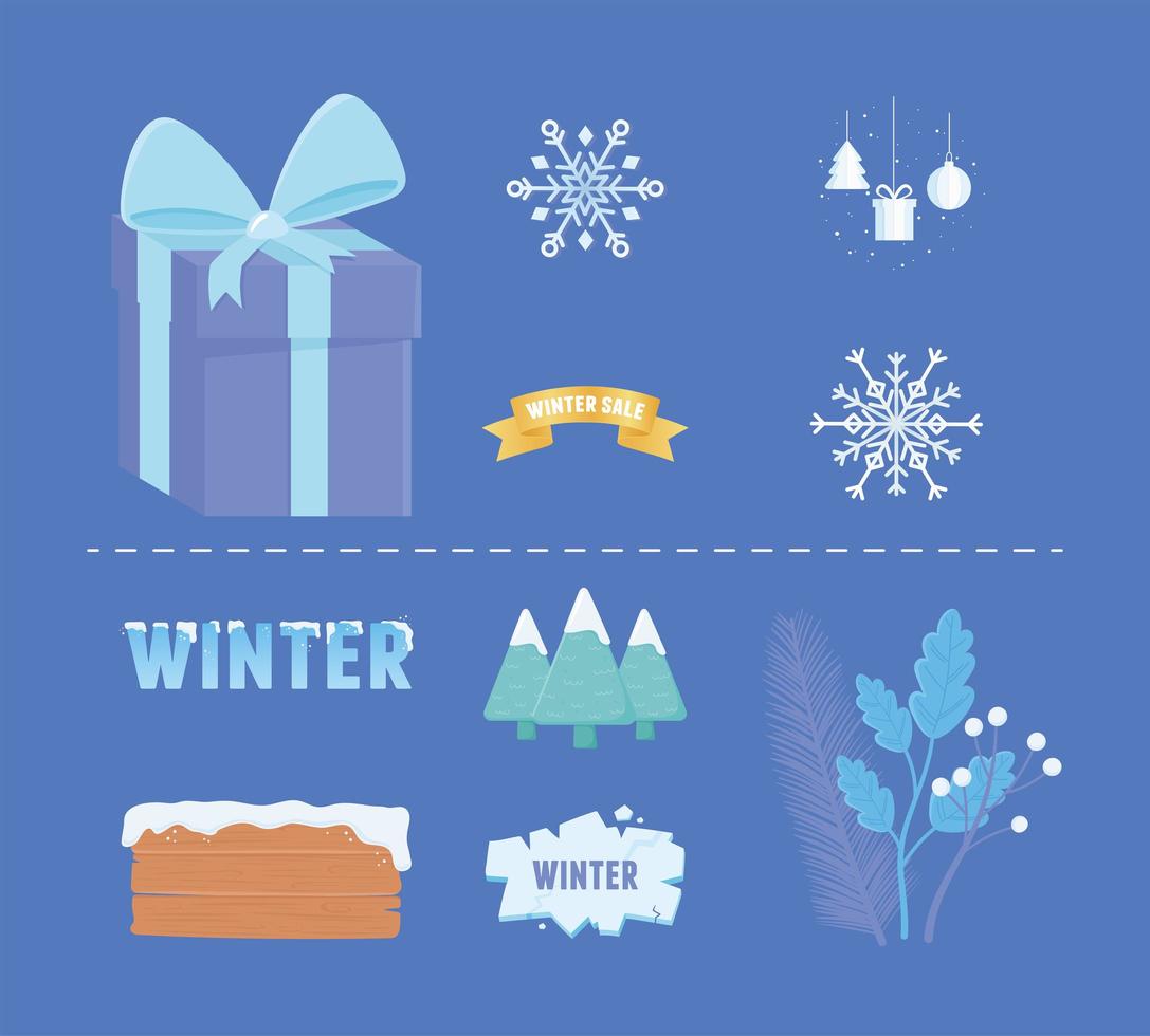 winter verkoop pictogrammen cadeau sneeuwvlokken houten plank ijs lint vector