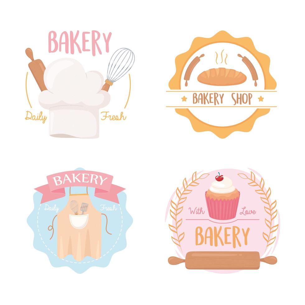 bakkerij pictogrammen badge deegroller hoed schort cupcake vector