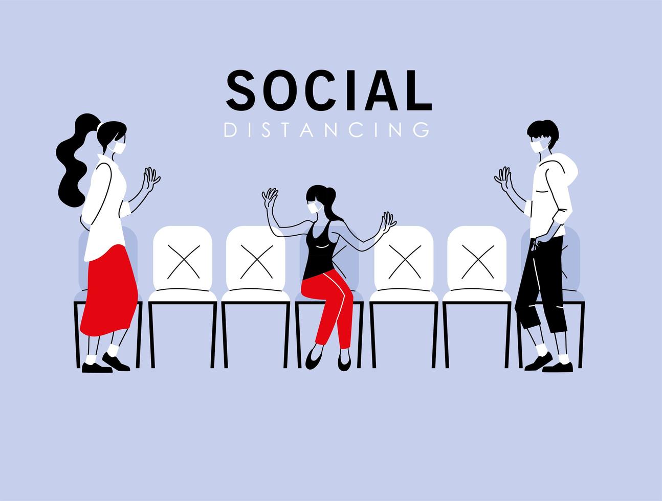 sociale afstand tussen vrouwen en mannen met maskers op stoelen vectorontwerp vector