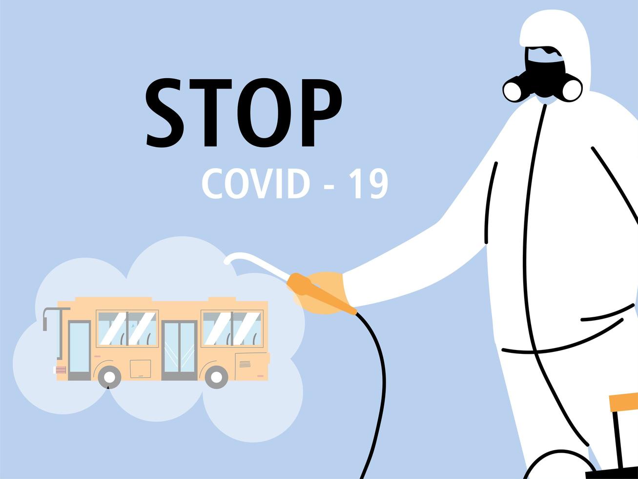 man met beschermend pak desinfecteert bus door coronavirus of covid 19 vector