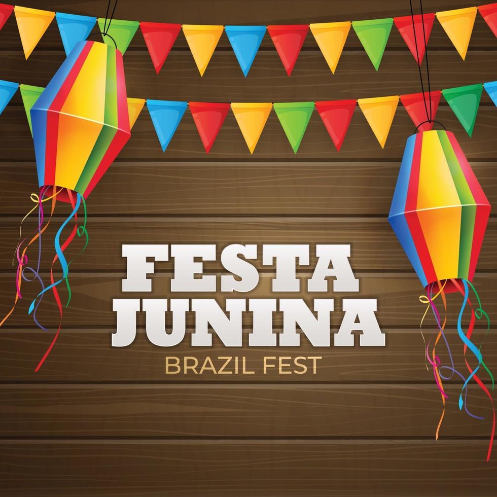 festa junina achtergrond met partij vlaggen, lantaarn. brazilië juni festival achtergrond voor wenskaart, uitnodiging op vakantie. vector illustratie