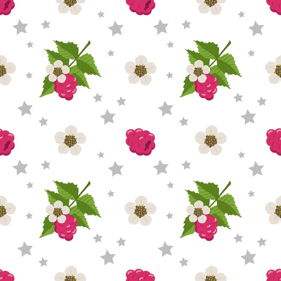 naadloos patroon met frambozen, bloemen en bladeren. leuke print van zomer- of lentebesjes met sterren. leuke vakantiedecoratie voor textiel, inpakpapier en design vector