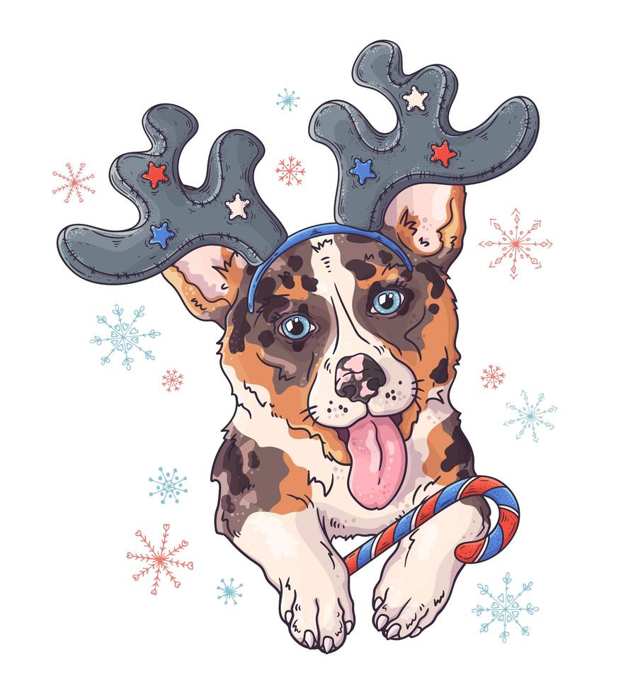 hand getekend portret van corgi hond in kerst accessoires vector. vector