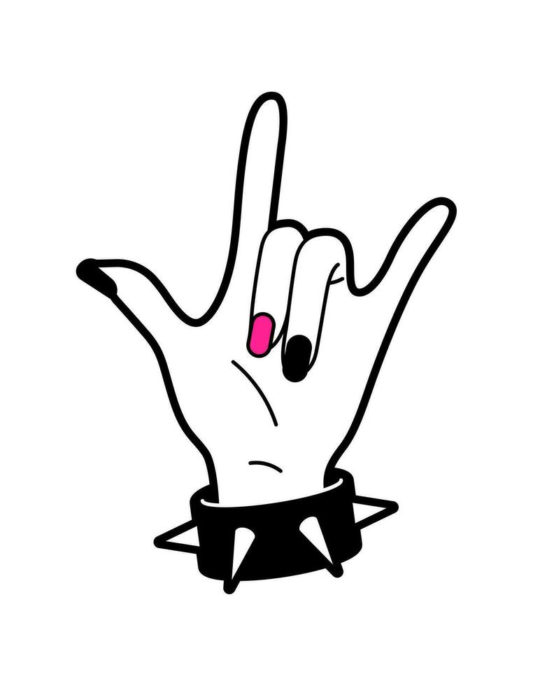 vlak vector illustratie van vrouw hand- in rots gebaar. zwart en roze gamma.