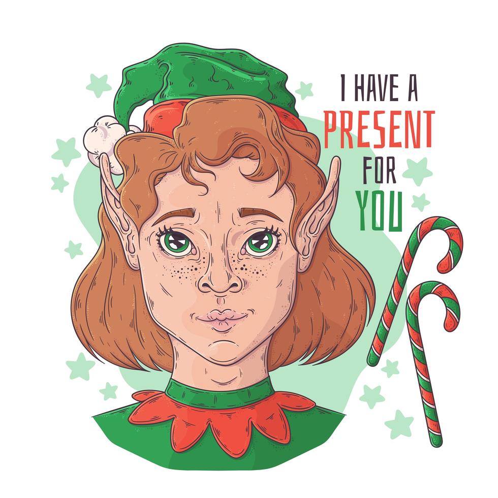 hand getekend portret van elf meisje met kerst symbolen vector. vector