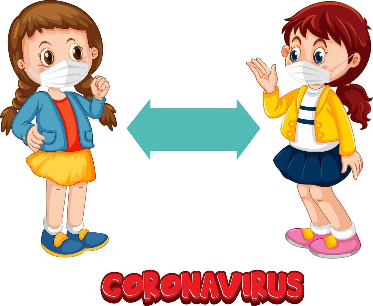 coronavirus-lettertype in cartoonstijl met twee kinderen die sociale afstand houden geïsoleerd op een witte achtergrond vector