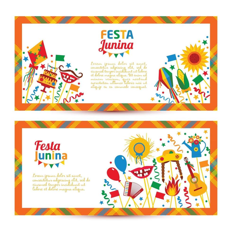 festa junina dorpsfestival in latijns-amerika. pictogrammen in banners vector