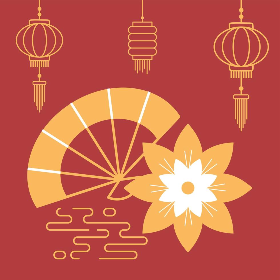 bloemenwaaier en lantaarns traditioneel oosters elementdecoratielijnontwerp vector
