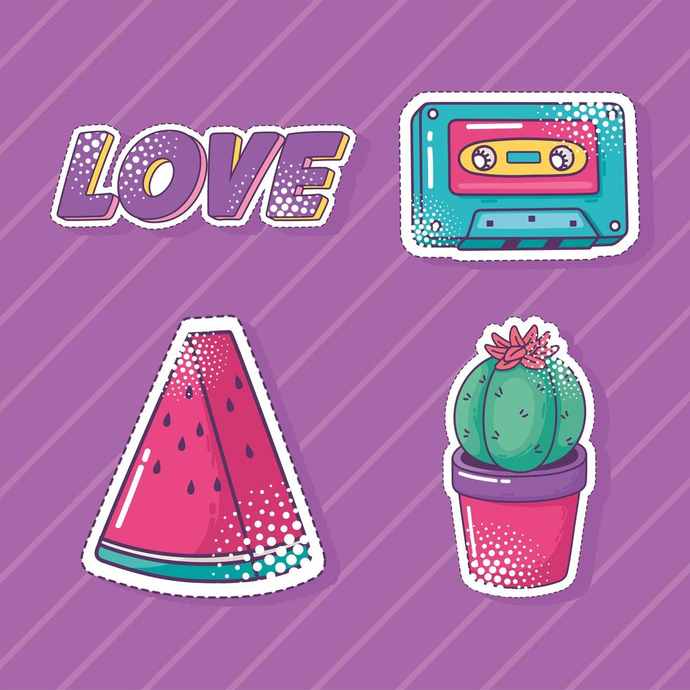 pop-art element sticker icon set, watermeloen, cassette, cactus en liefde vector