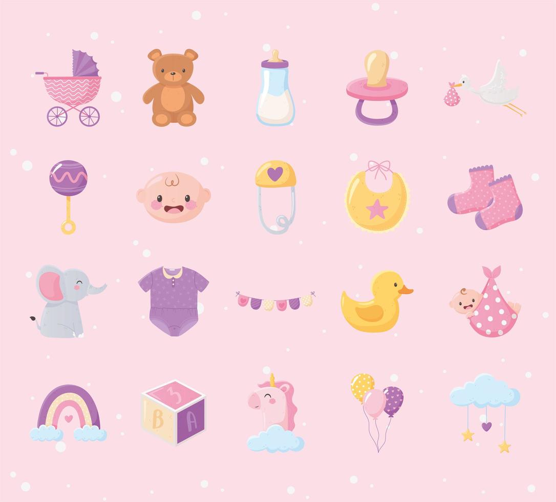 babyshower, set iconen inclusief kinderwagen beer rammelaar kubus eend speelgoed en meer vector